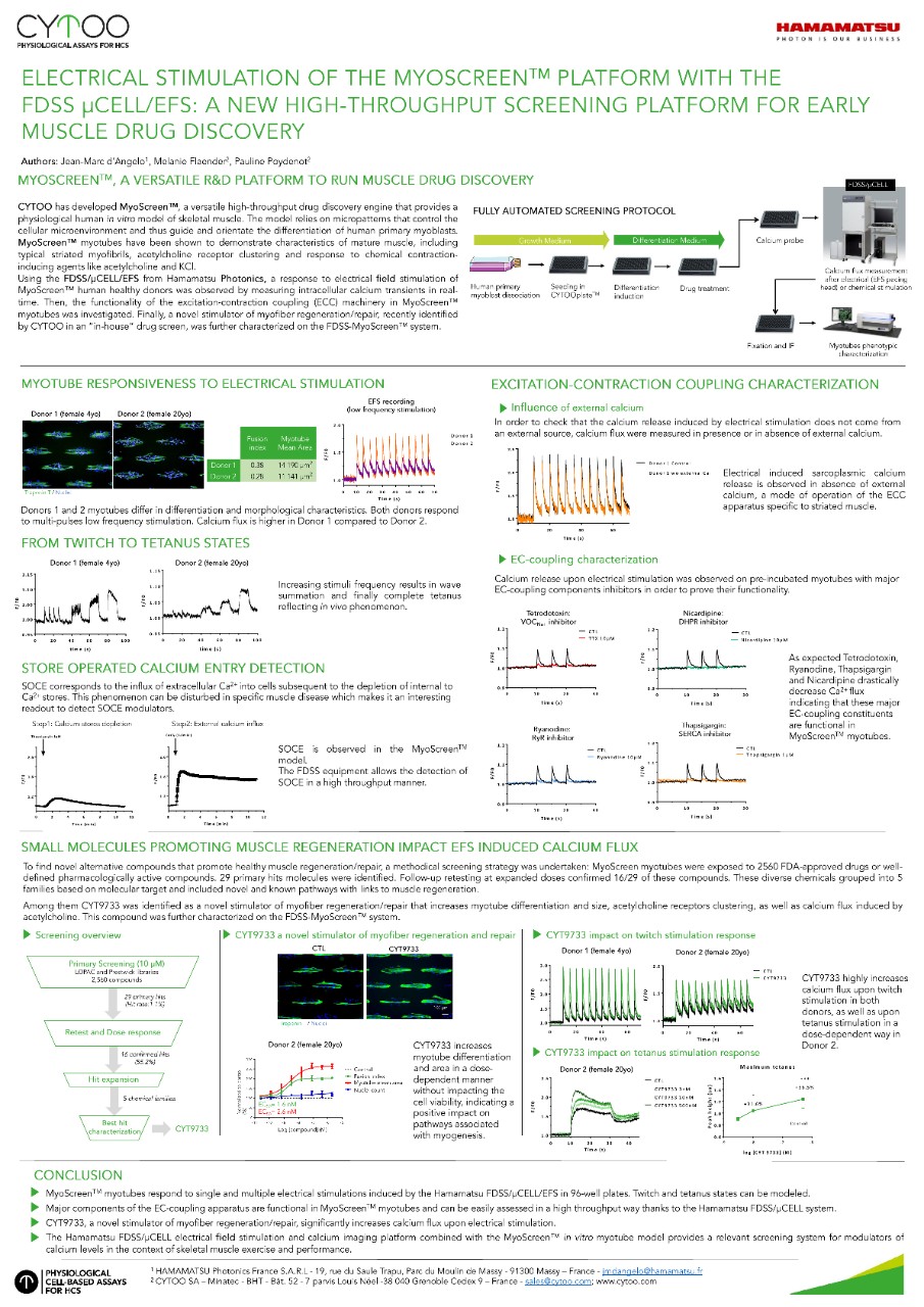  ELECTRICAL STIMULATION OF THE MYOSCREEN™ PLATFORM WITH THE FDSS pCELL/EFS: A NEW HIGH-THROUGHPUT SCREENING PLATFORM FOR EARLY MUSCLE DRUG DISCOVERY