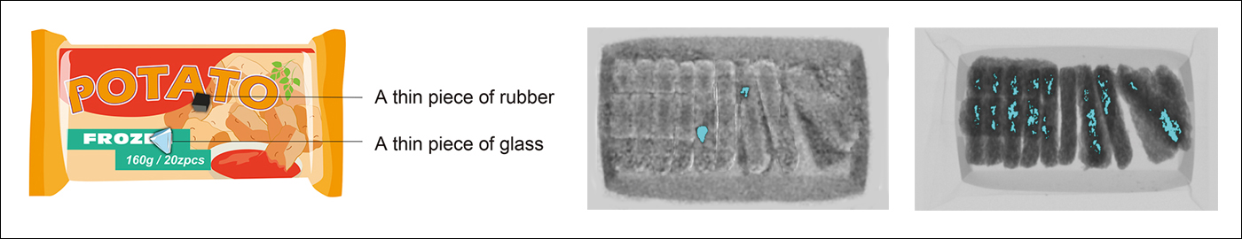 Imaging example: hash browns. Thin rubber and glass pieces can be detected. Tube voltage: 90 kV Tube current: 8.0 mA | Detector: C11800 | Transport speed: 10 m/min | X-ray source to detector distance: 550 mm