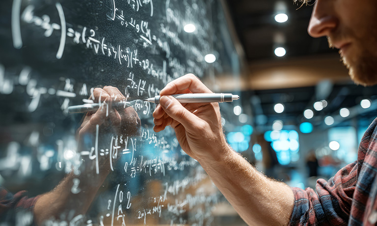 Scientist working on particle physics equations, showcasing Hamamatsu Photonics solutions for high energy physics