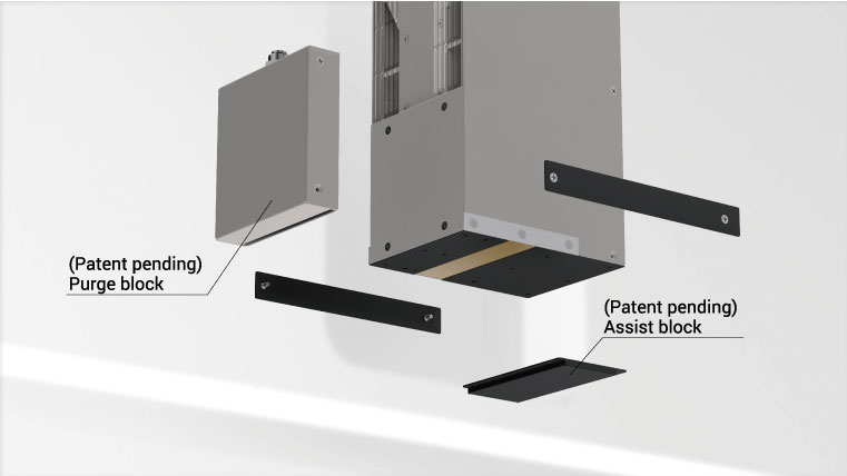 Illustration of GH-103A UV LED with N2 purge block and assist block attachments