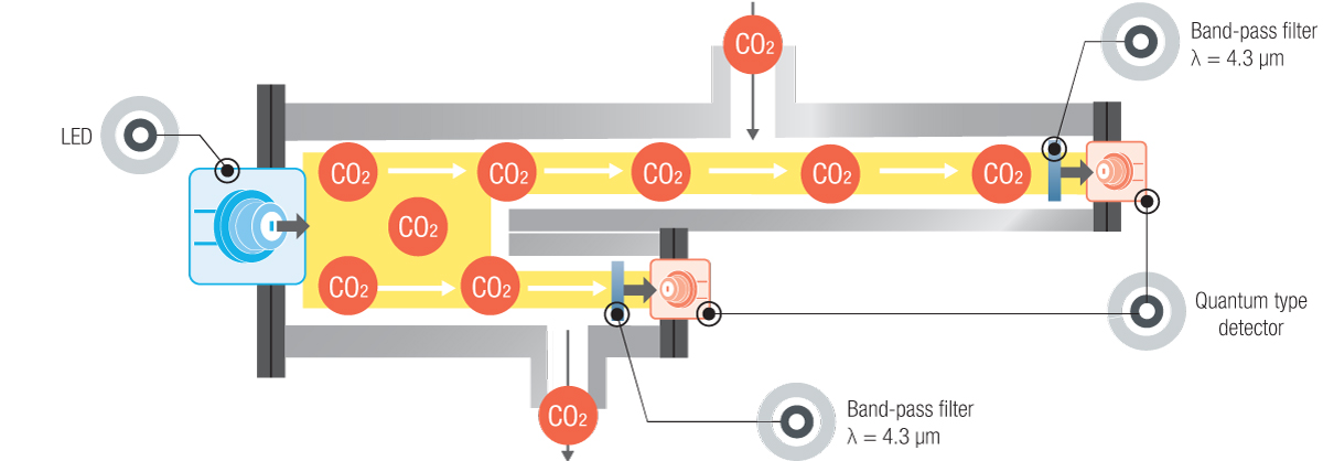Schematic model of a NDIR gas analyzer with different length sensing arms.