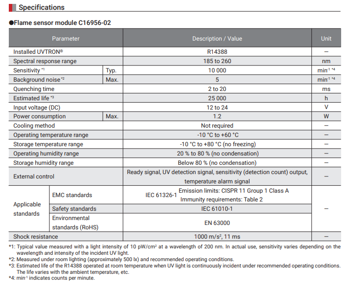 Flame sensor module C16956-02 specifications